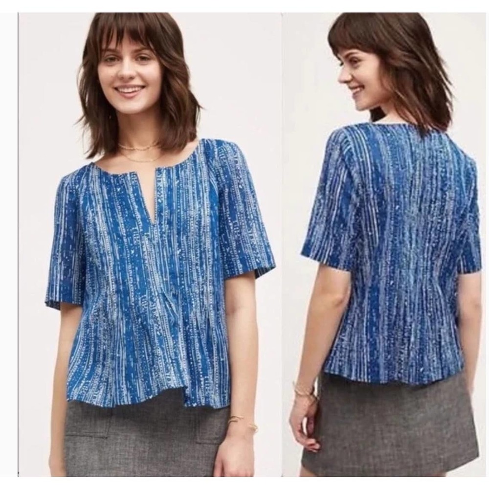Anthropologie Maeve Size 10 Orchid Island Split V Neck Top - Blue Cotton Peplum